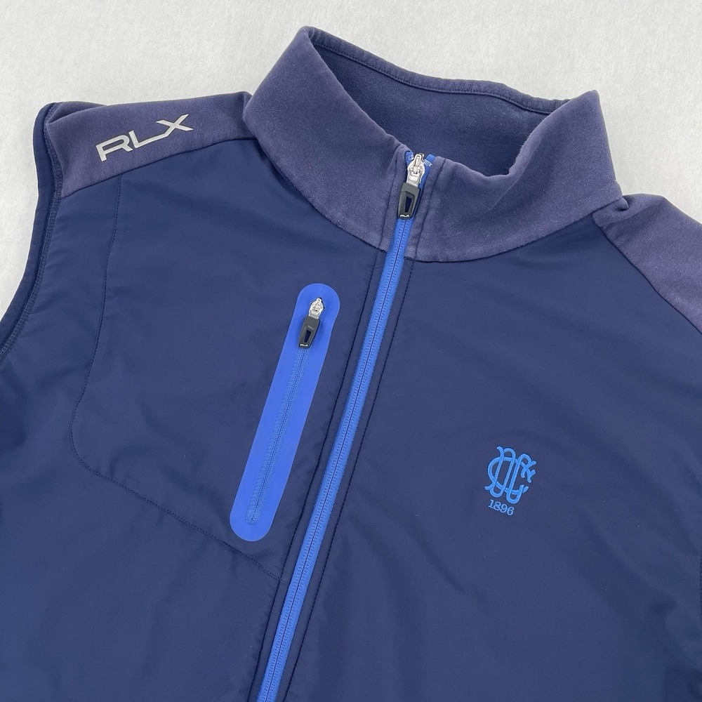 RLX Ralph Lauren Vest Mens XL Blue Fill Zip Golf Performance Dallas Country Club